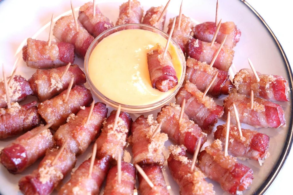 Bacon Wrapped Smokies with Beer Cheese Sauce