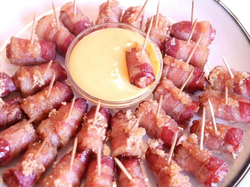 Bacon Wrapped Smokies with Beer Cheese Sauce